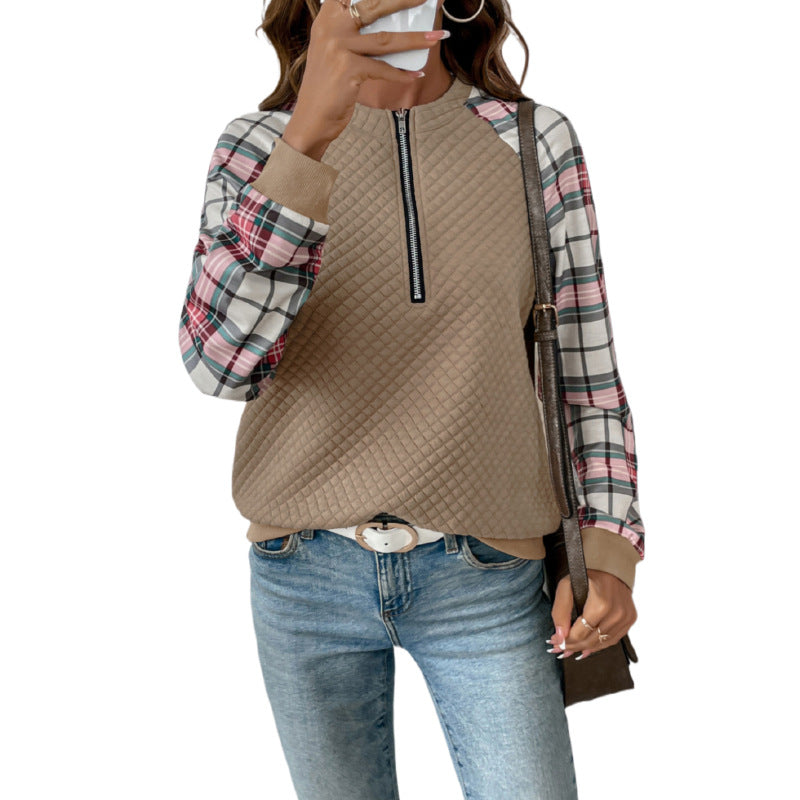 Women’s quilted pullover with half zip and checked raglan sleeves Chichicherry