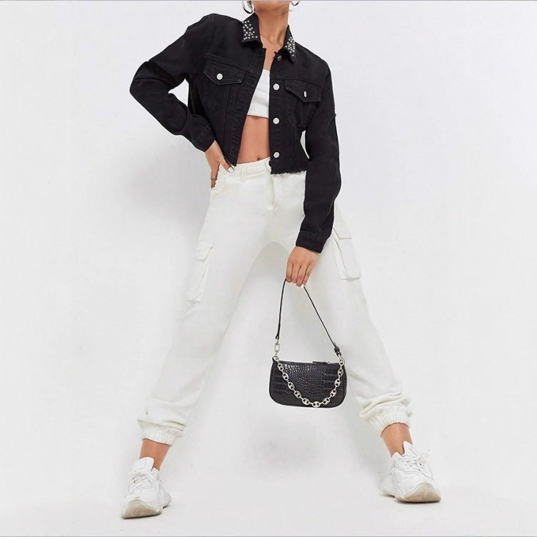 Women's Cropped Denim Jacket with Studded Collar, Frayed Hem and Flap Pockets Chichicherry