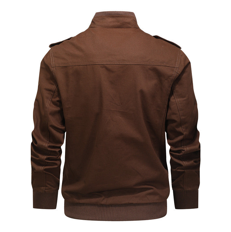 Men's Canvas Field Jacket with Multiple Pockets, Stand Collar and Ribbed Cuffs Chichicherry
