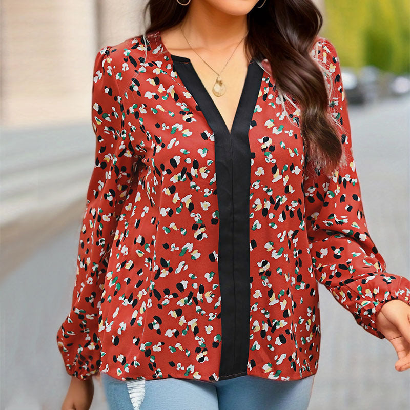 Women's Loose Fit V-Neck Blouse with Contrasting Trim and Allover Print