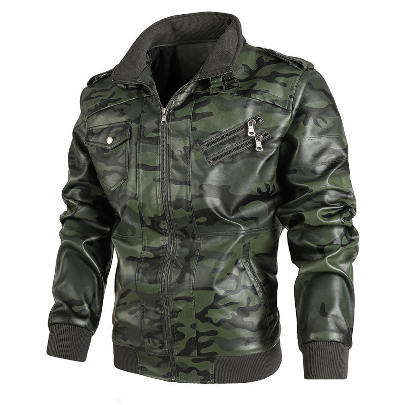 Men's Camouflage Faux Leather Pilot Style Bomber Jacket with Ribbed Cuffs and Zipper Pockets Chichicherry