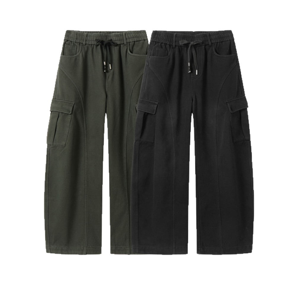 Men's Wide Cargo Pants with Drawstring Waist and Multiple Flap Pockets Chichicherry
