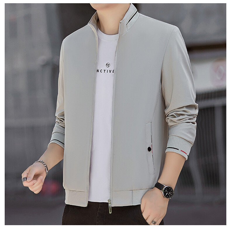 Men's Minimalistic Softshell Bomber Jacket with Stand Collar and Contrast Stripe Cuffs Chichicherry