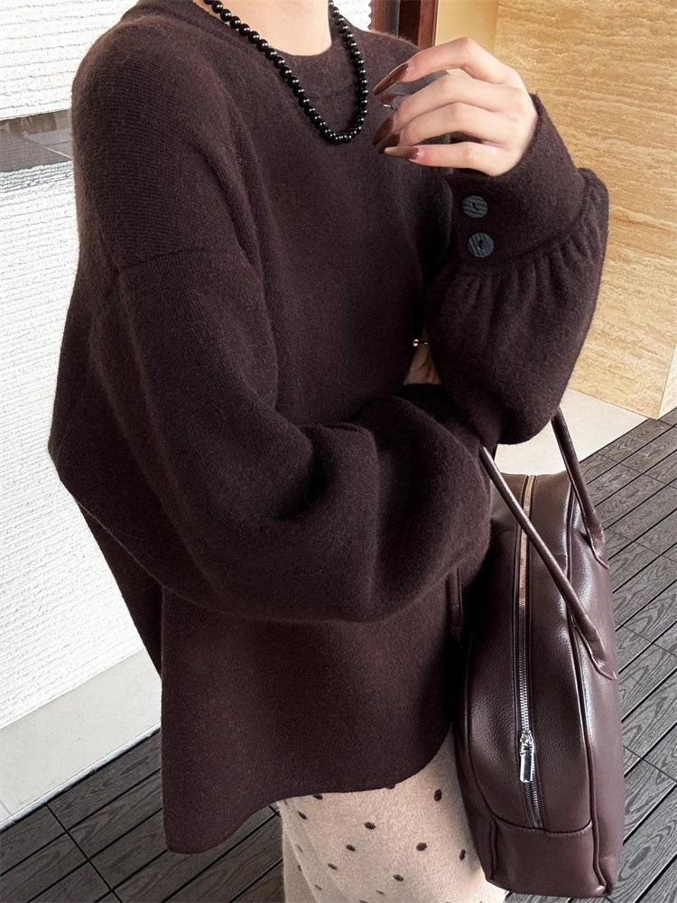Women's Oversize Fine Knit Sweater with Balloon Sleeves and Button Cuff Chichicherry