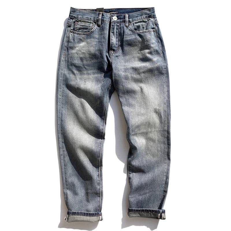 Herren Relaxed-Tapered Vintage-Jeans mit Used‑Effekt und aufgekrempeltem Saum Chichicherry