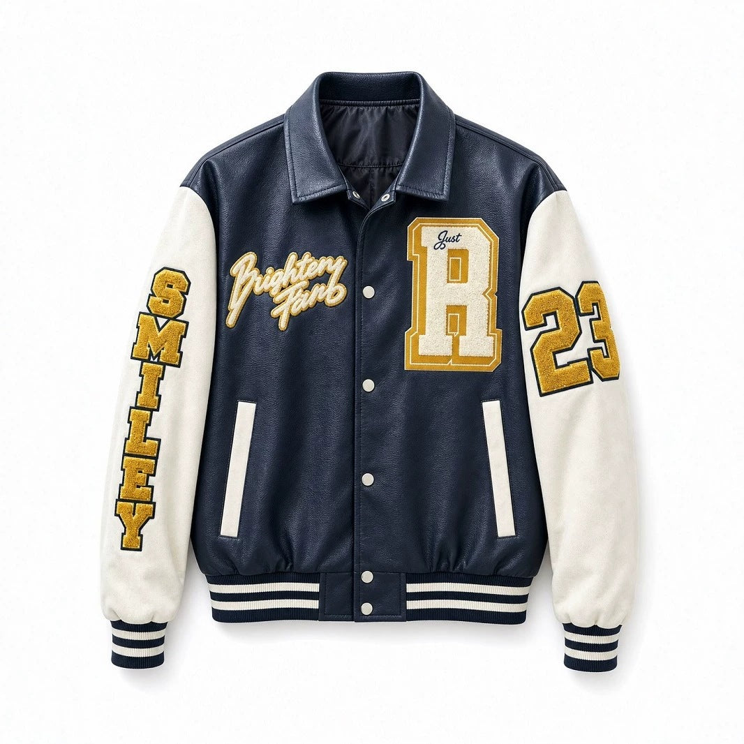 Men's college jacket in letterman style with faux leather body, contrast sleeves, and chenille patches Chichicherry