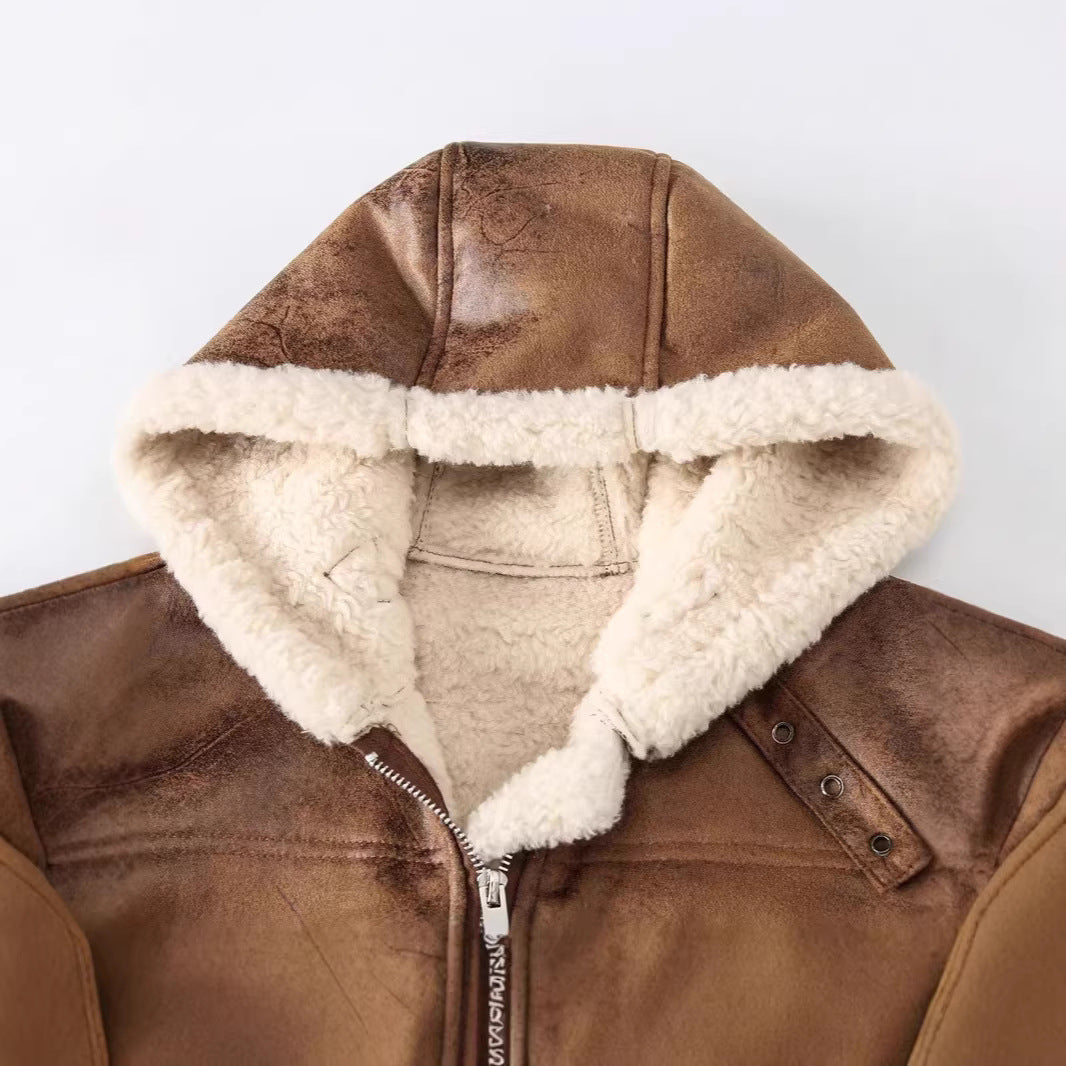 Men's hooded vest in lambskin look with teddy lining, zipper and large flap pockets Chichicherry
