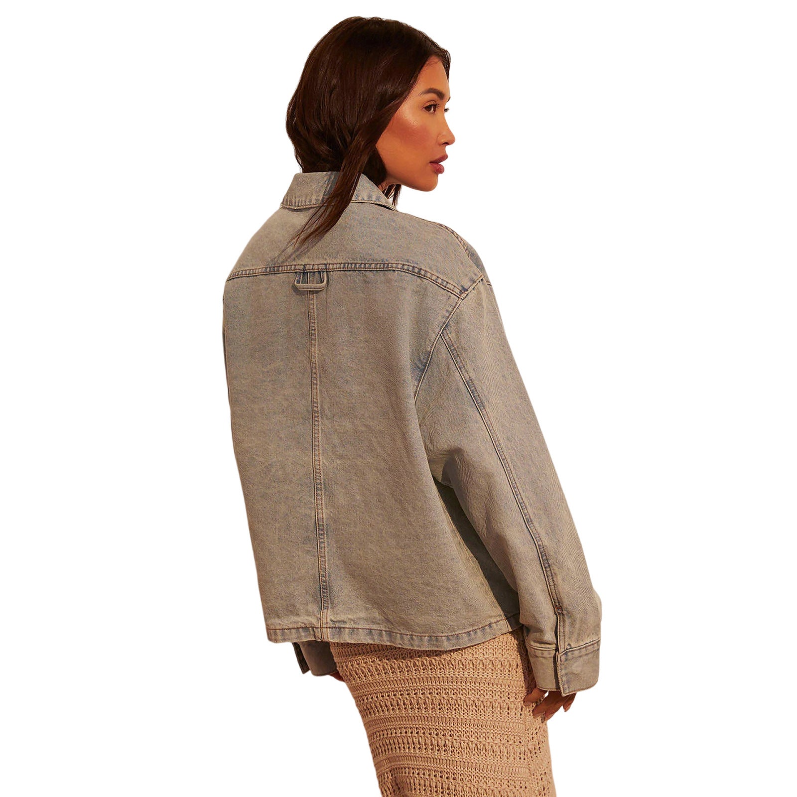 Women Oversize Utility Denim Jacket with Large Flap Pockets and Button-Down Front Chichicherry