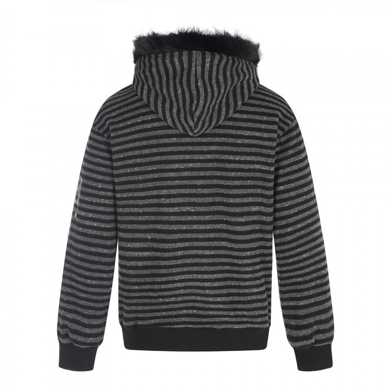 Unisex Striped Hooded Zip Jacket with Faux Fur Hood and Statement Front Print Chichicherry