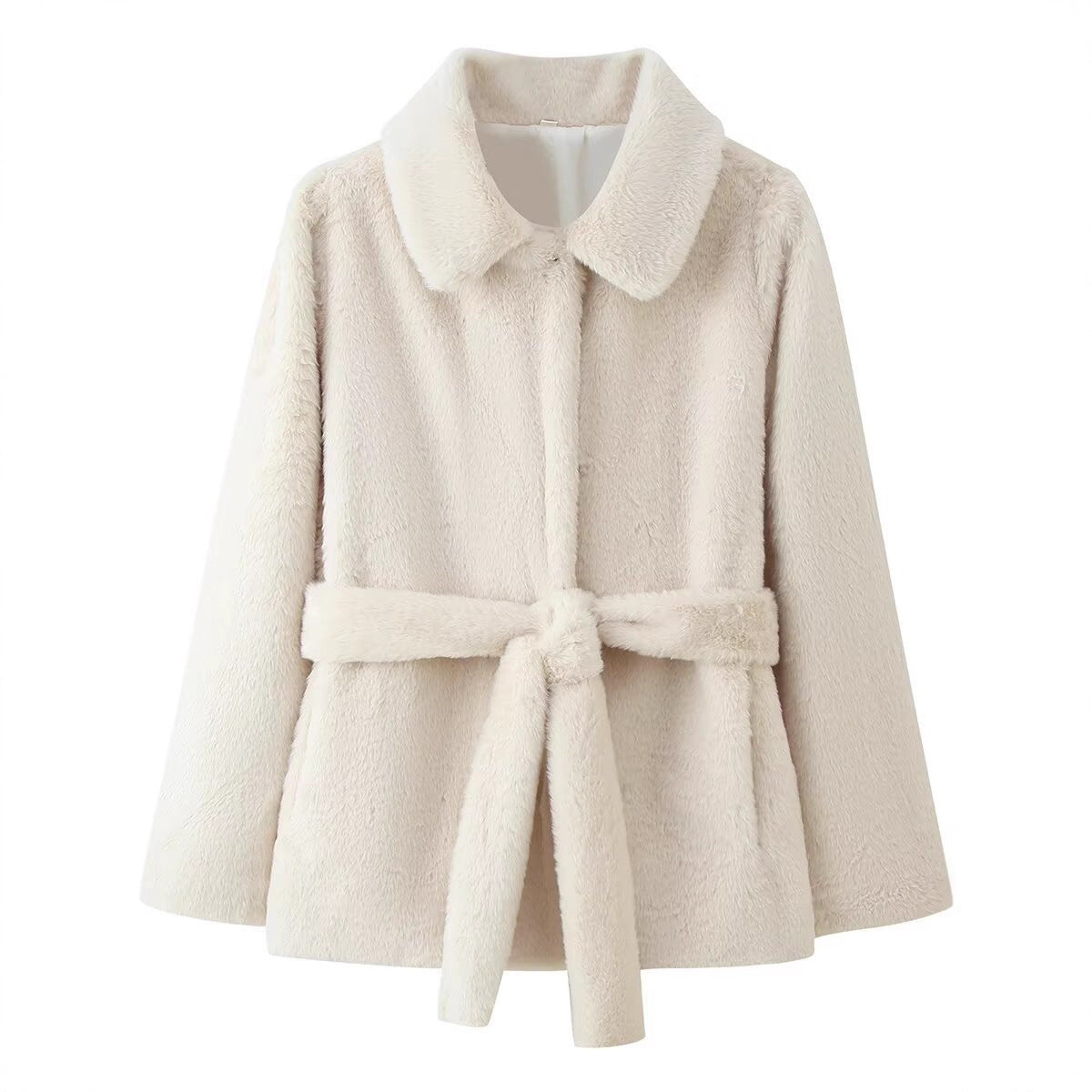 Women's short coat made of cuddly faux fur with shirt collar and tie belt Chichicherry
