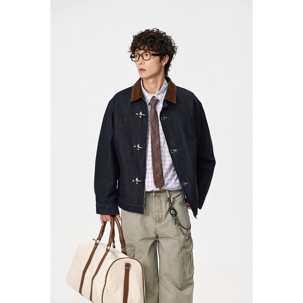 Men's sharply tailored denim workwear blouson with corduroy lapel and metallic hook fasteners Chichicherry