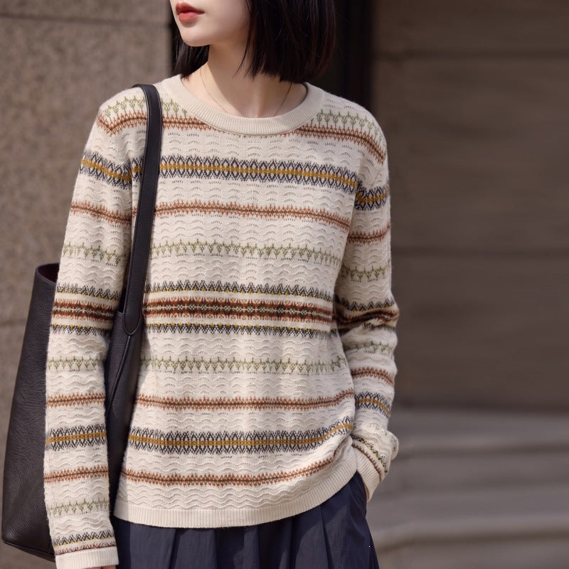 Women Light Fair-Isle Fine Knit Sweater with Round Neck and Fine Stripe Structure Chichicherry