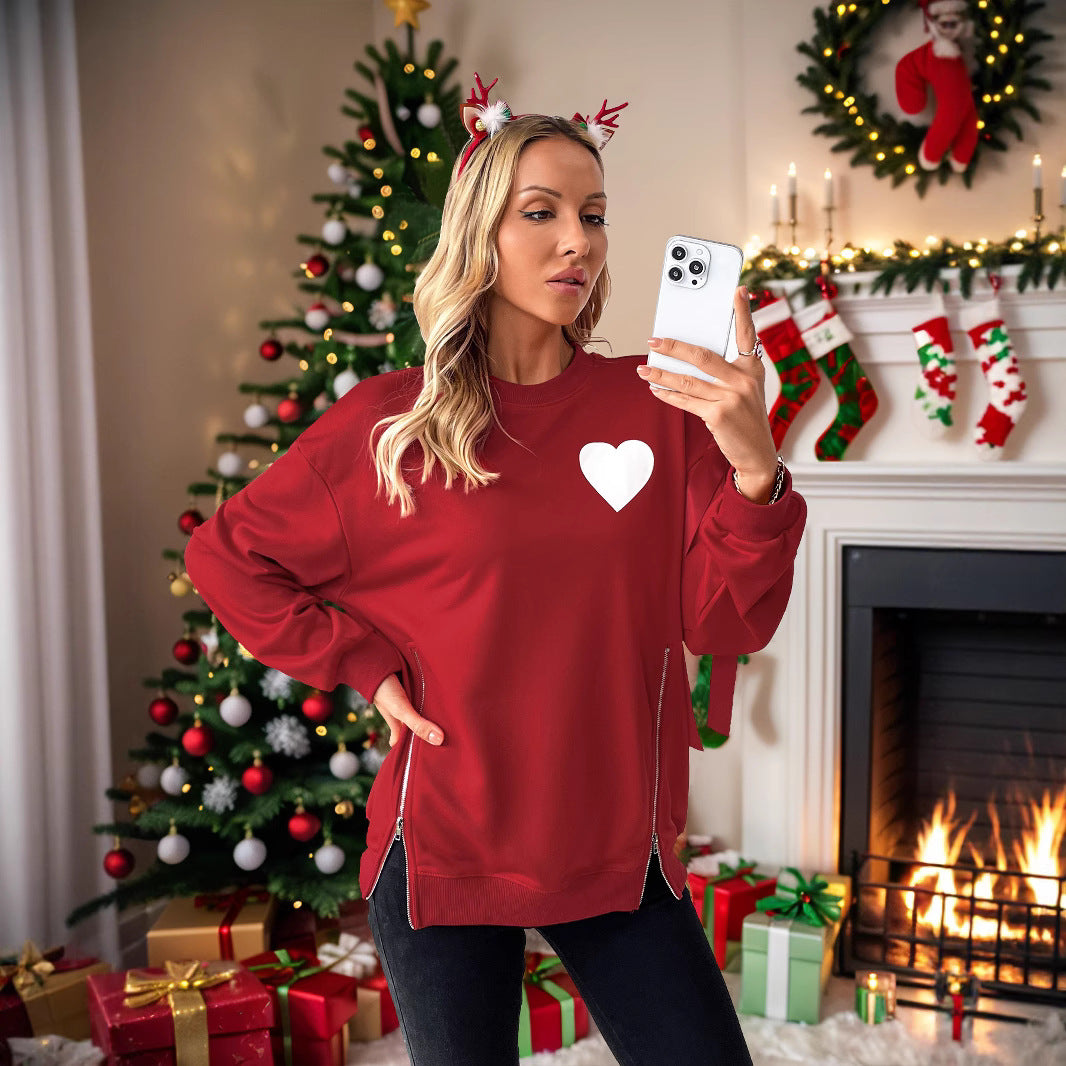 Women's Christmas sweatshirt pullover with heart appliqué and side bows Chichicherry