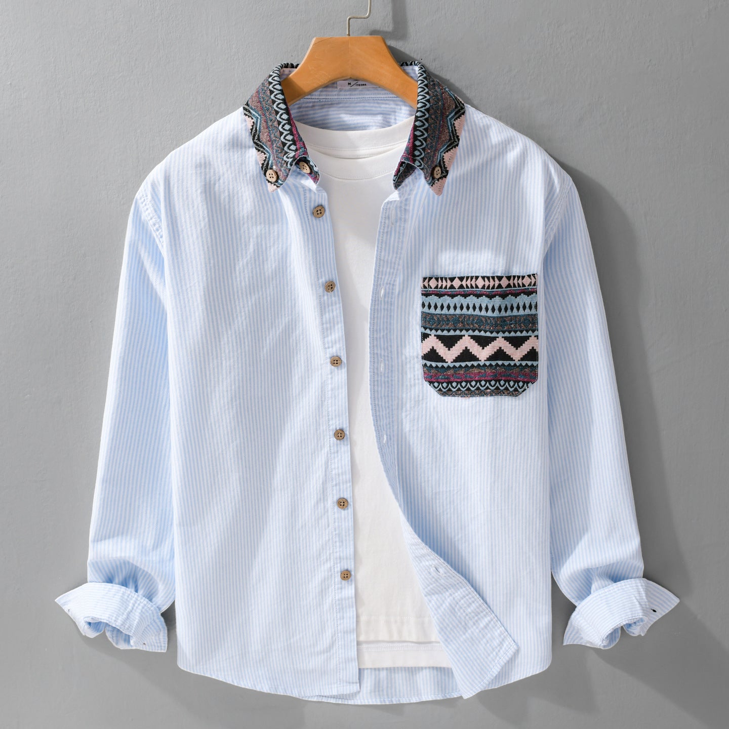 Men's Striped Cotton Shirt with Jacquard Collar and Pocket Trim Chichicherry