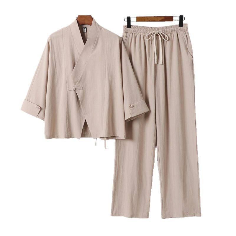 Unisex Lightweight Zen Lounge Set in Kimono Style with Dropped Shoulder Concealed Knot Placket and Elastic Drawstring Pants Chichicherry
