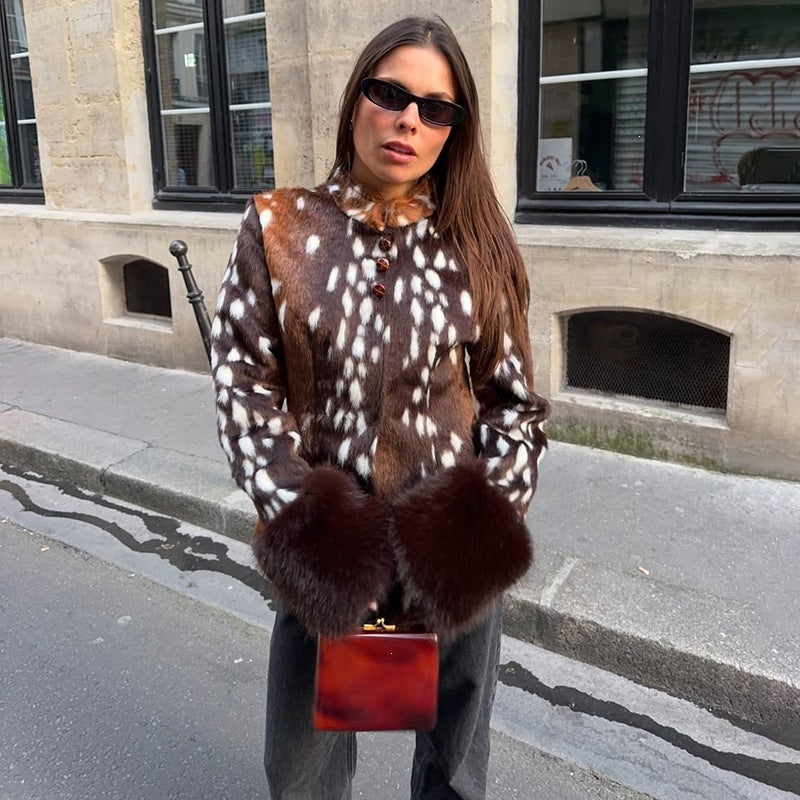 Women's Tailored Short Jacket with Leopard Print and Faux Fur Cuffs Chichicherry