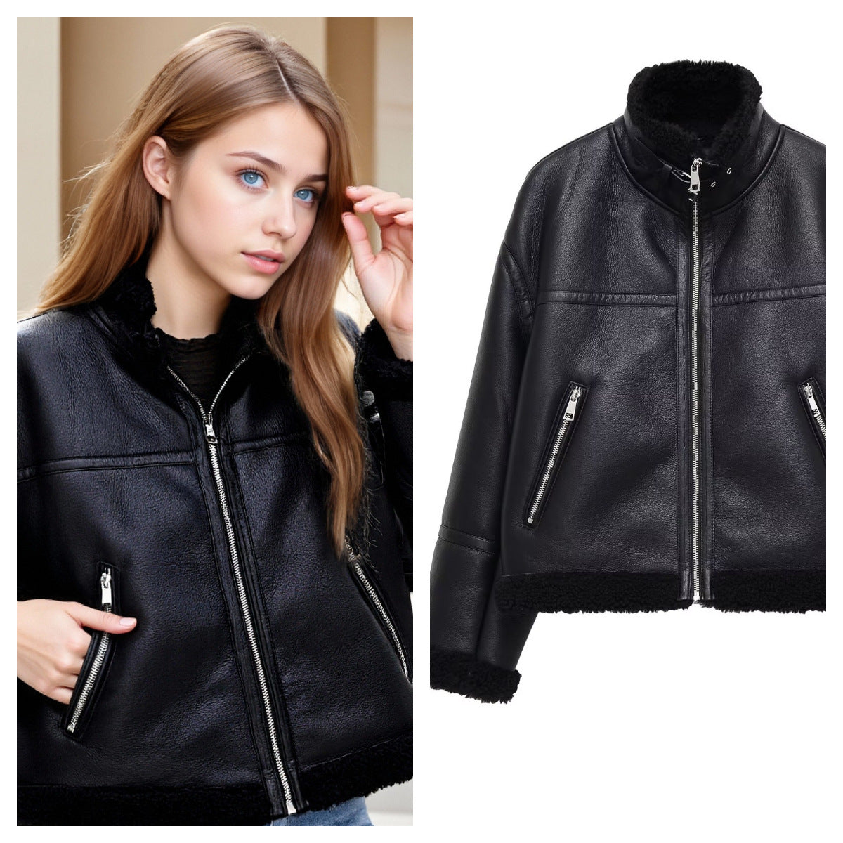 Women's Oversize Pilot Jacket made of Faux Leather with Teddy Lining and Stand Collar Chichicherry