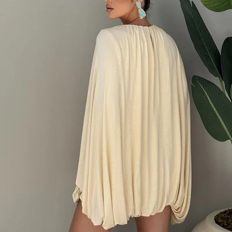 Ladies Cape Mini Dress with Pleats and Side Sleeve Slits Chichicherry