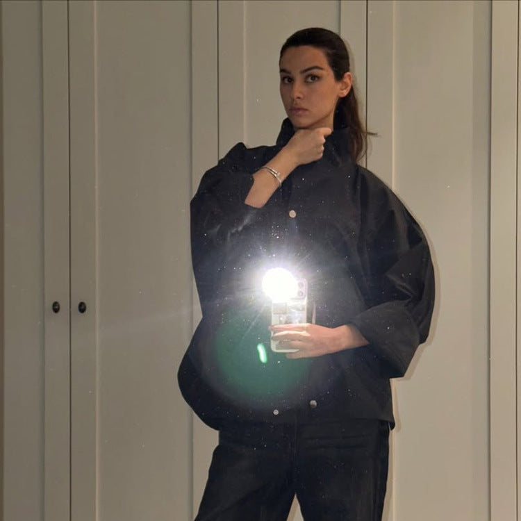 Women's oversized shirt jacket with stand collar, boxy silhouette and snap button placket Chichicherry