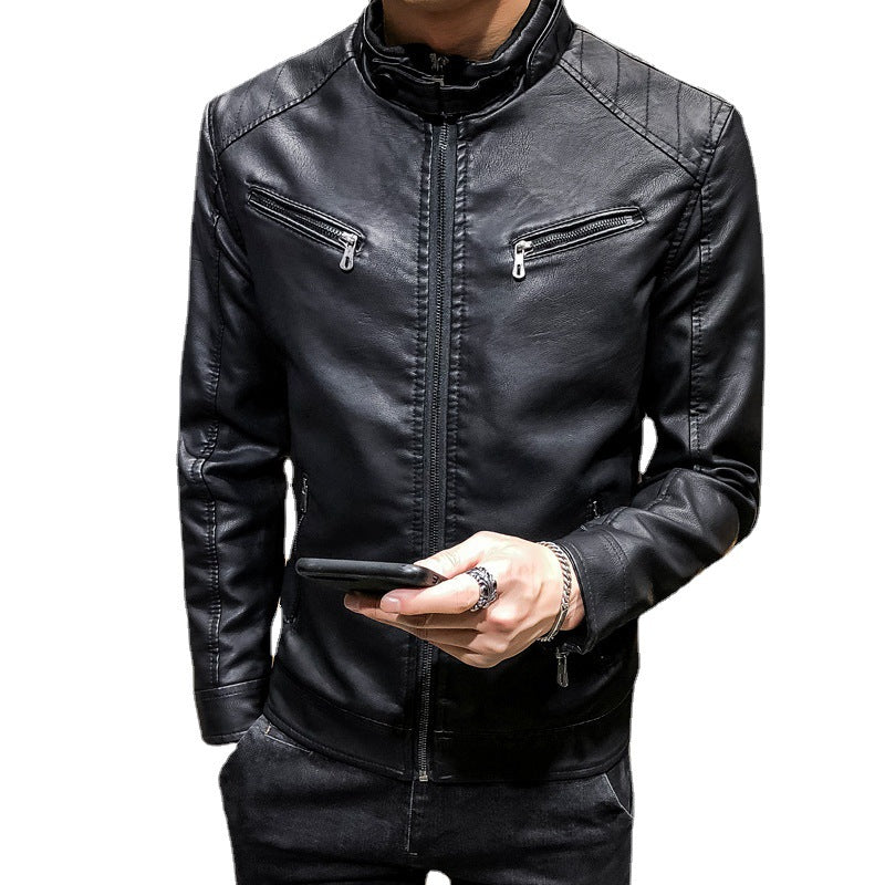 Men's Slim-Fit Faux Leather Racer Jacket with Stand Collar and Zip Chest Pockets Chichicherry