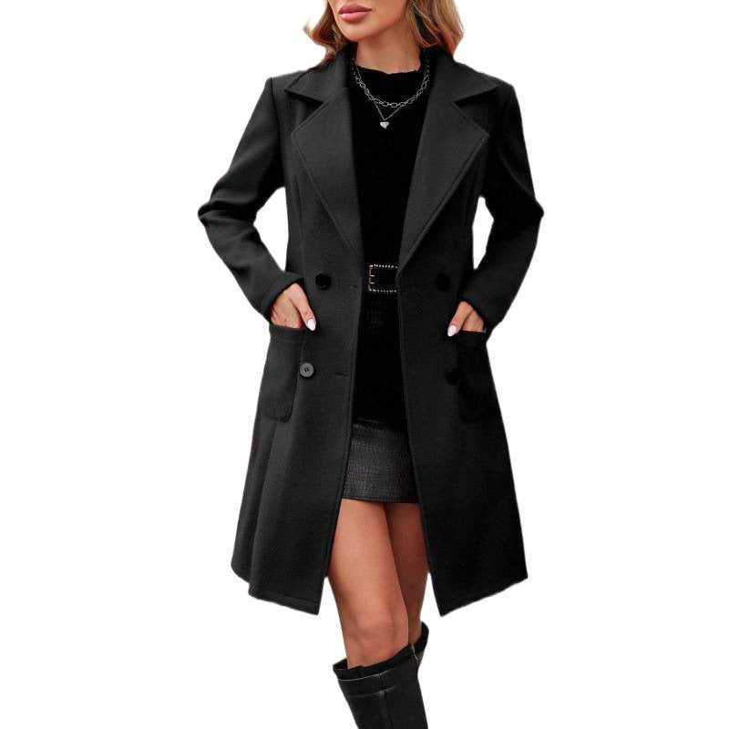 Women's Mid-Length Double-Breasted Wool Blend Coat with Fitted Waist and Flap Pockets