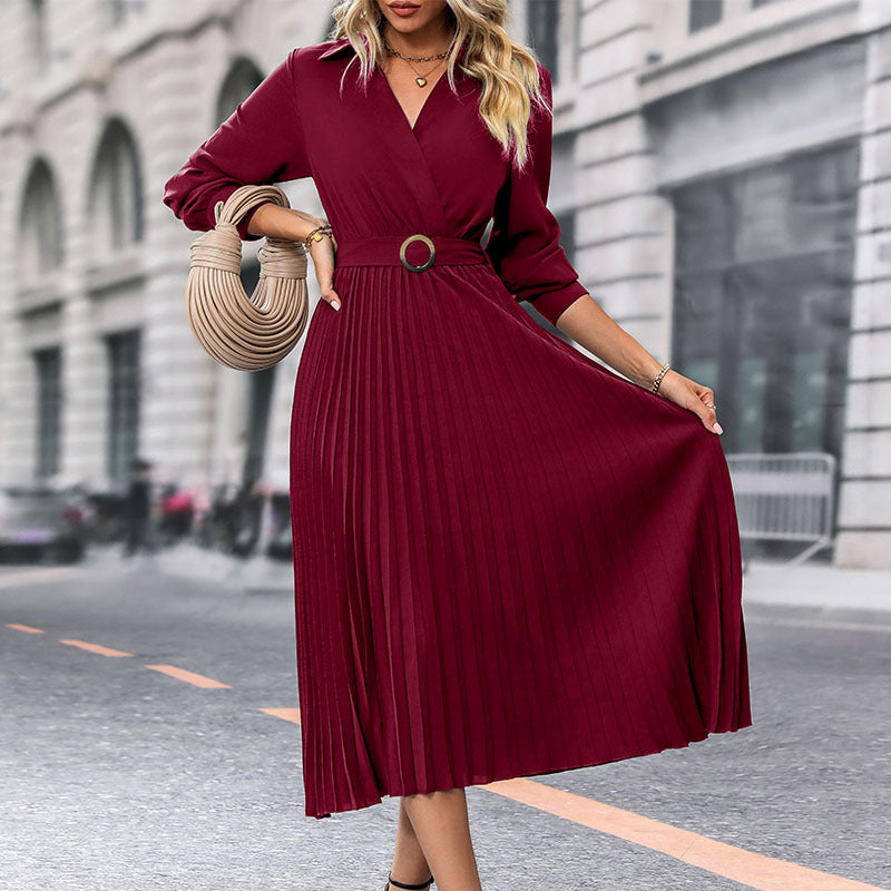 Women's Midi Pleated Dress with Wrap Top, Waist Belt and Pleated Skirt Chichicherry