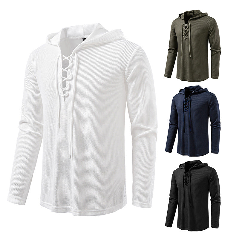 Men's waffle knit hoodie with lace-up collar and straight hem Chichicherry