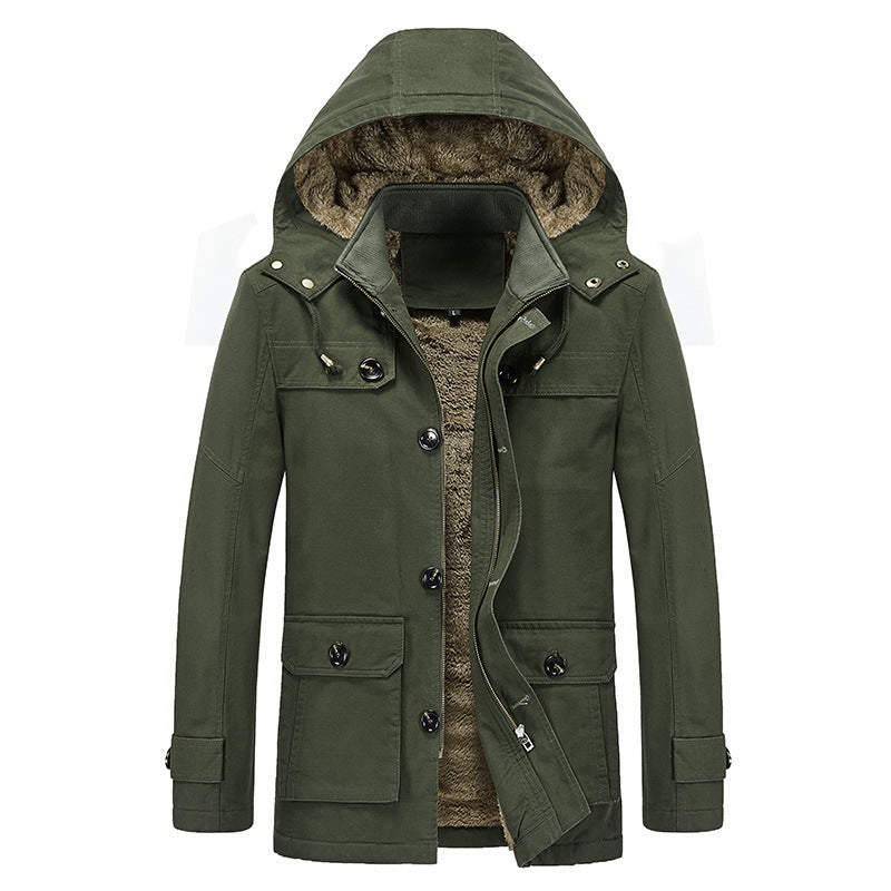 Men's Windproof Canvas Parka with Teddy Fleece Lining, Hood, and Multi-Function Pockets Chichicherry