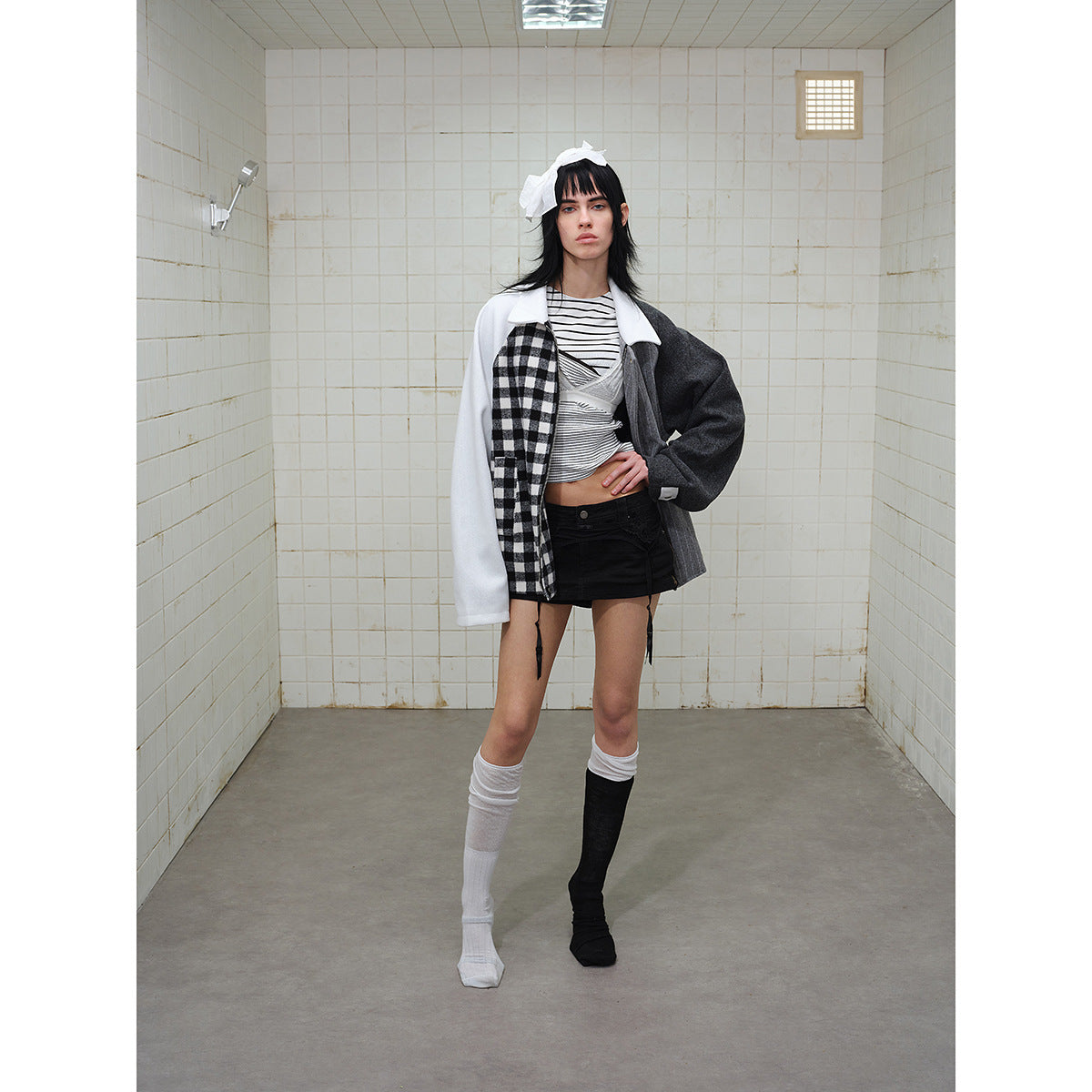 Unisex Classically tailored patchwork blouson jacket made of wool blend with shirt collar Chichicherry