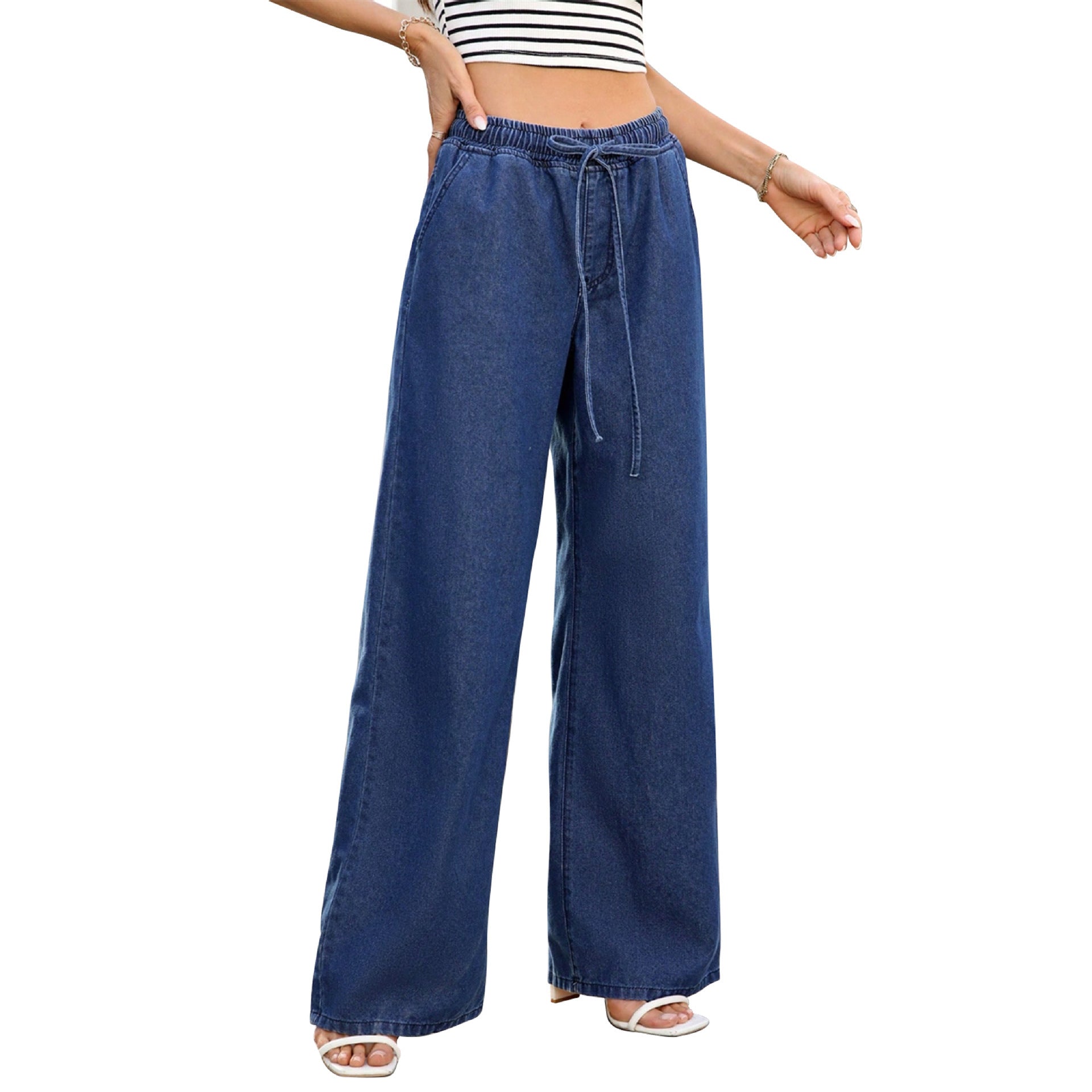 Women's high-waisted wide denim pants with elastic drawstring waistband Chichicherry