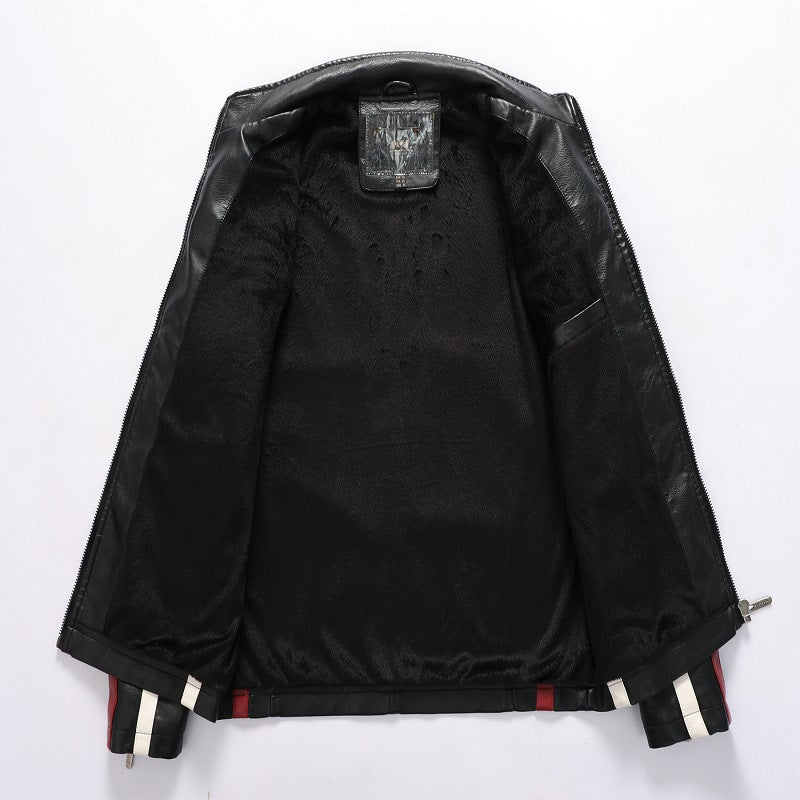 Men's Racing-Style Faux Leather Jacket with Patches, Contrast Stripes and Stand-Up Collar Chichicherry