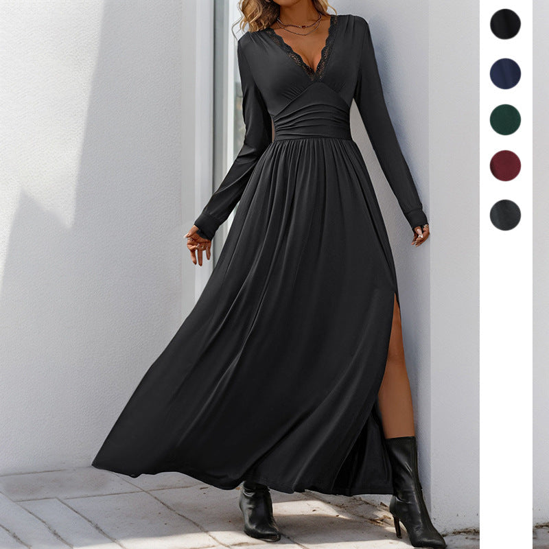 Ladies Flowing Maxi Dress with Lace V-neck, Wrap Waist and Side Slit Chichicherry