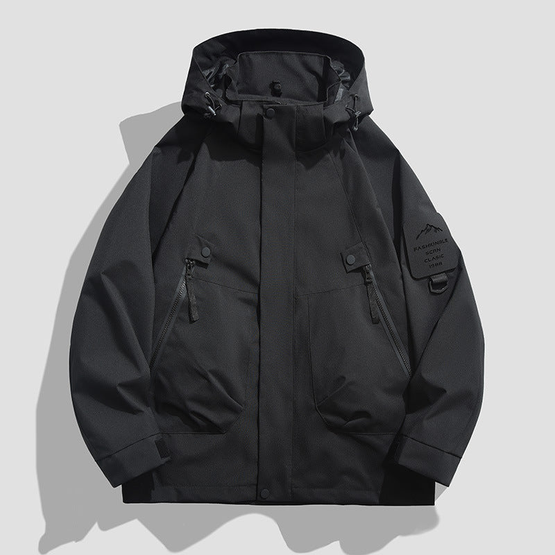 Men's Waterproof Utility Softshell Jacket with Hood, Diagonal Zipper Pockets & Adjustable Sleeve Straps Chichicherry