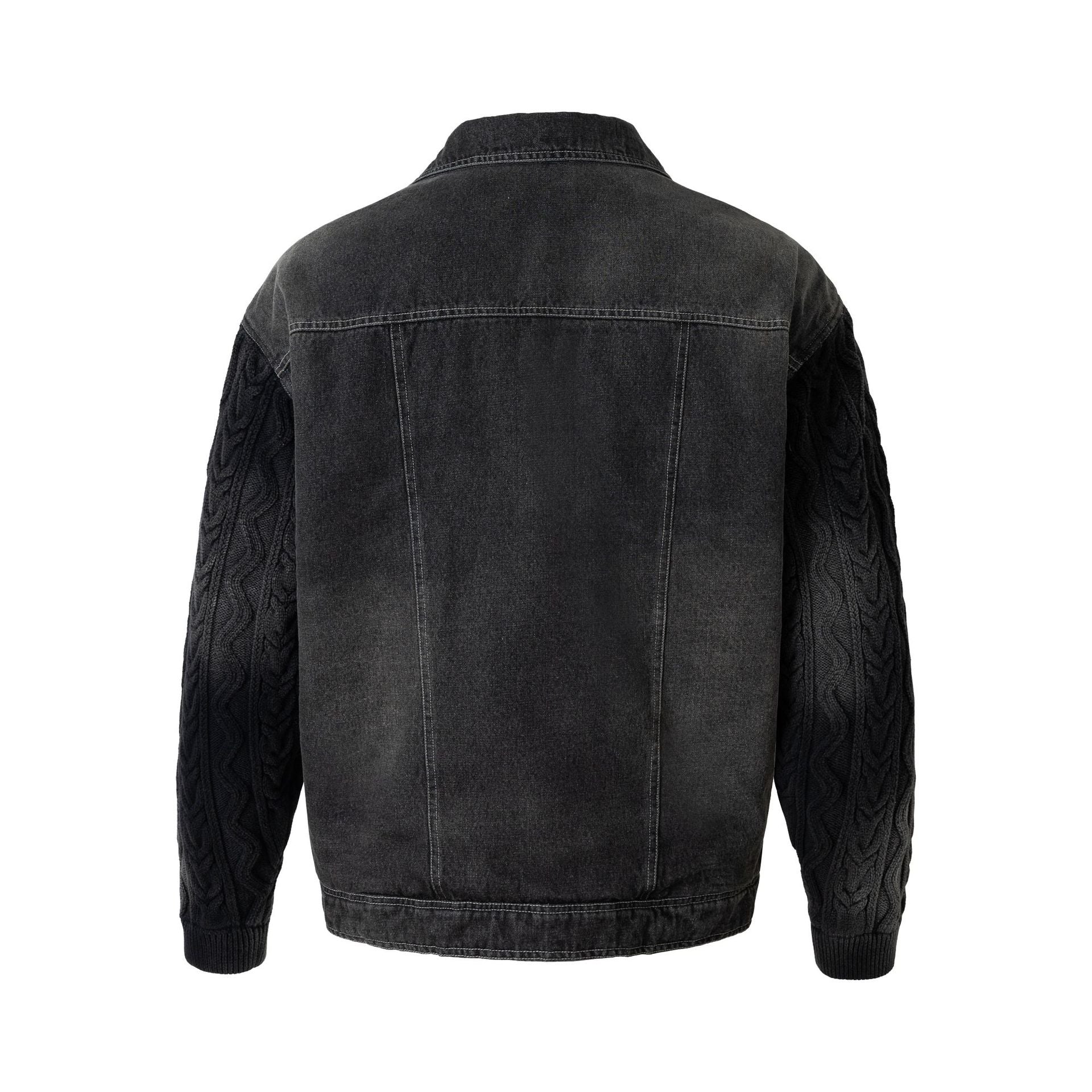 Men's denim jacket with applied leather chest pockets and cable knit sleeves Chichicherry