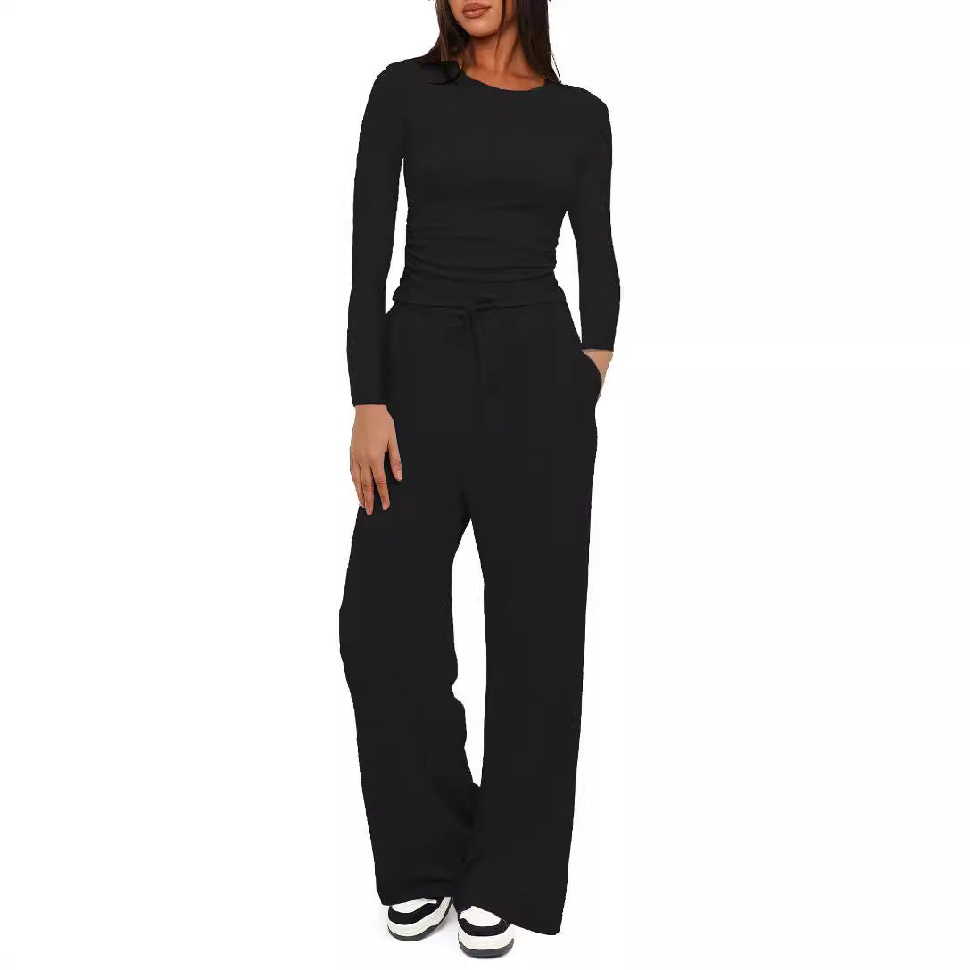 Women's Fitted Long Sleeve Shirt with Side Gathering and Loose Drawstring Jogging Pants Chichicherry