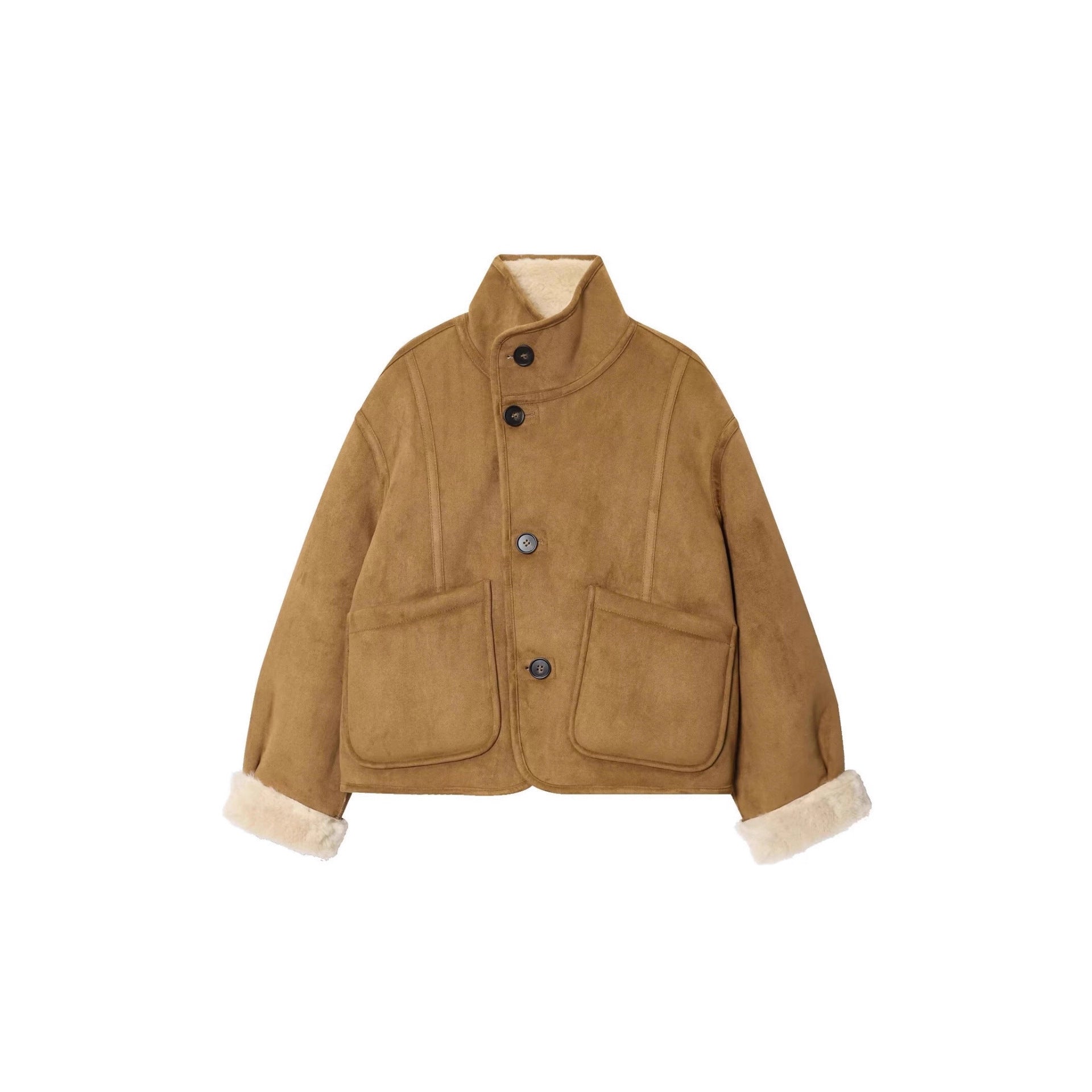Women's short jacket in lambskin look with stand-up collar, patch pockets, and button placket Chichicherry