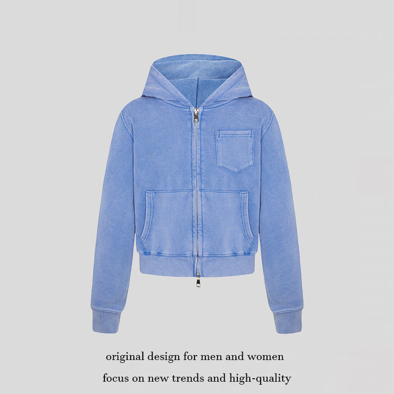 Ladies short-cut hooded zip jacket made of garment-dyed cotton fleece with chest pocket Chichicherry