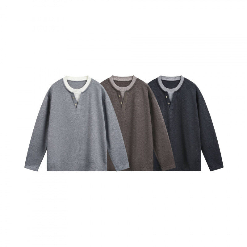 Men's Lightweight Fine Knit Henley Sweater with Contrast Collar and Relaxed Fit Chichicherry