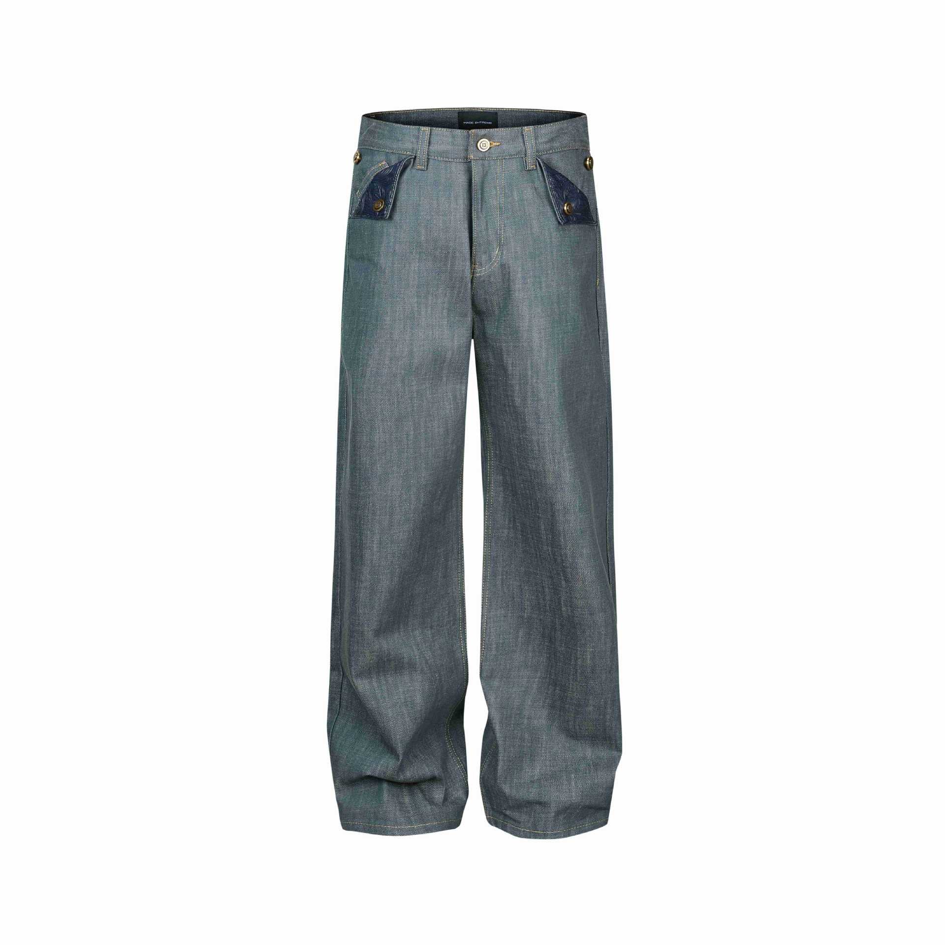 Ladies Wide High-Waist Jeans with Decorative Cuff Pockets Chichicherry