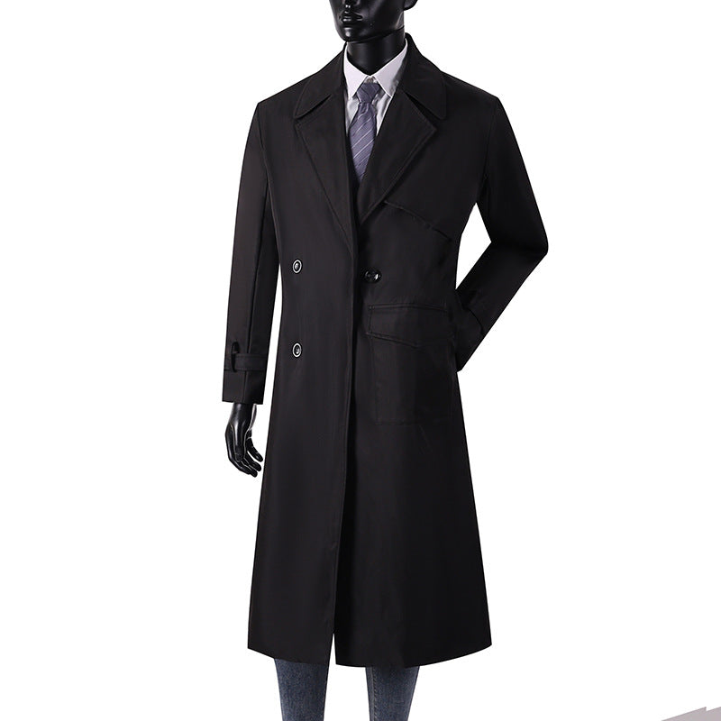 Men's long coat in trench coat style with storm flap, asymmetrical pockets and classic lapel Chichicherry