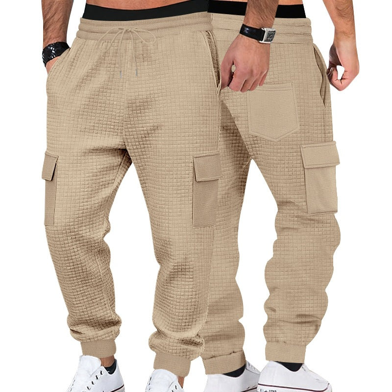 Men's Textured Waffle Cargo Joggers with Elastic Waistband and Multifunctional Pocket Design Chichicherry