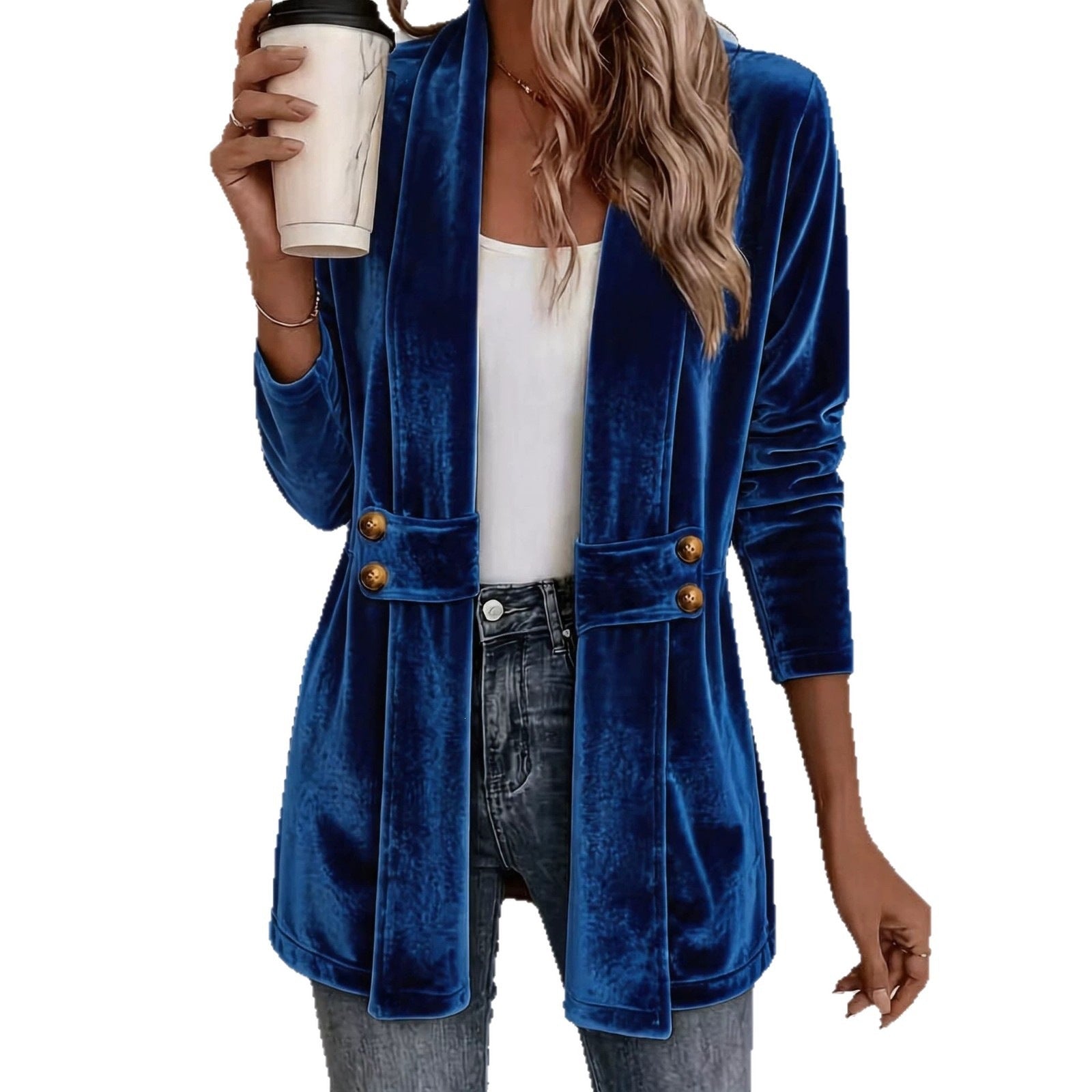 Women Velvet Long Blazer with Shawl Collar and Decorative Button Placket Chichicherry