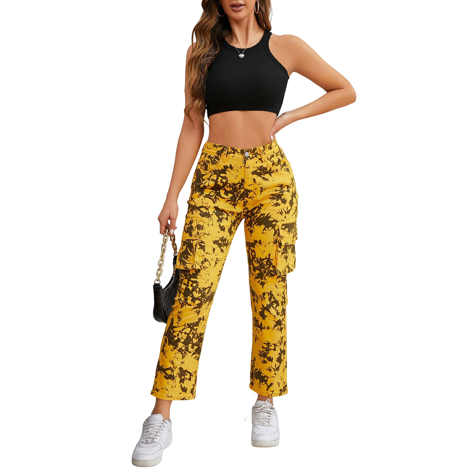 Women's cargo pants with tie-dye pattern, high waist and patch pockets Chichicherry