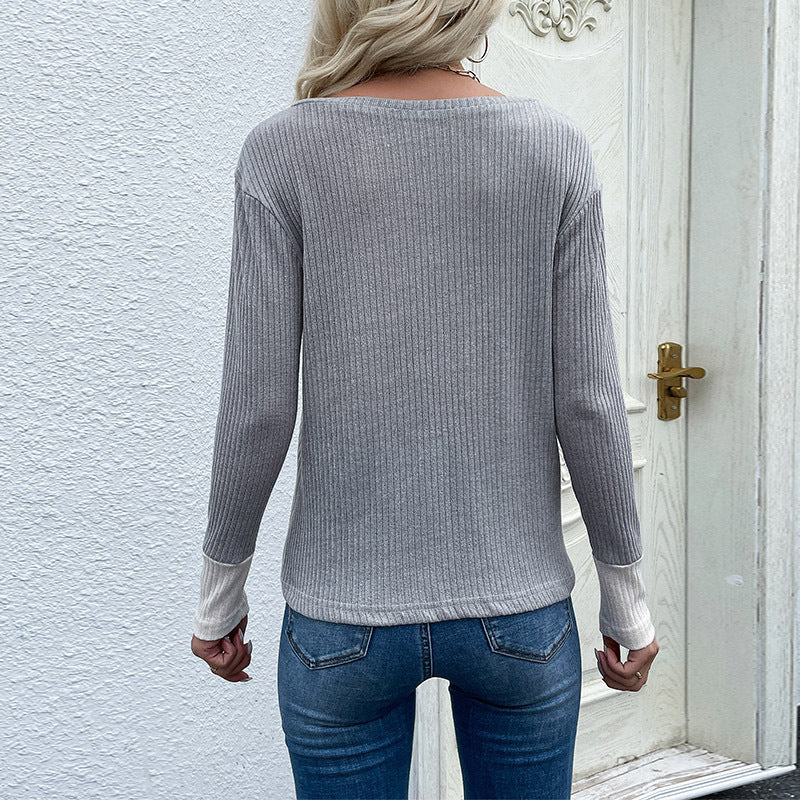 Women's Long Sleeve Colorblock Shirt with Leopard Print, Ribbed Sleeves and Chest Pocket Chichicherry