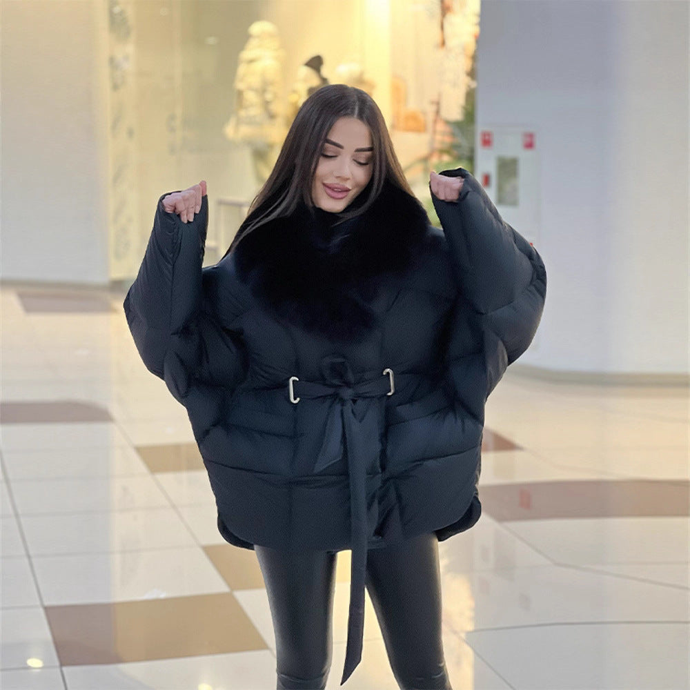 Women's Oversized Puffer Jacket with Waist Belt and Faux Fur Collar Chichicherry