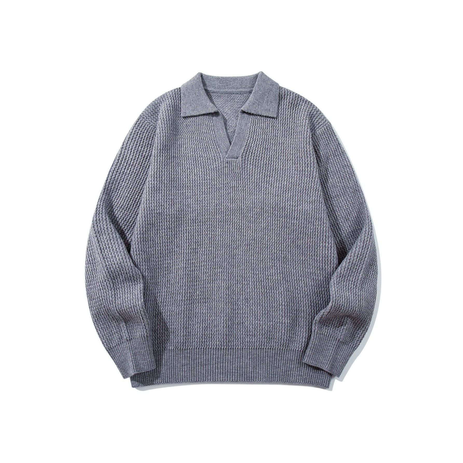 Men's Chunky Knit Polo Collar Sweater with V-Neck and Ribbed Cuffs Chichicherry