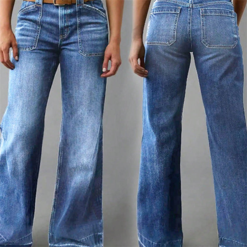 Women High-Waisted Denim Jeans with Wide Flared Legs and Patch Front Pockets Chichicherry