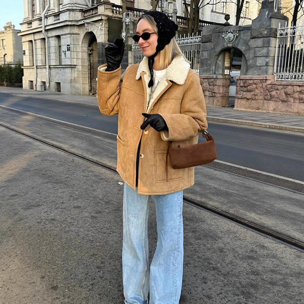 Women's Boxy Lambskin Look Coat with Folded Teddy Collar Chichicherry