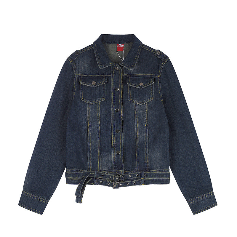 Ladies short denim jacket with waist belt, snap front and patch breast pockets Chichicherry