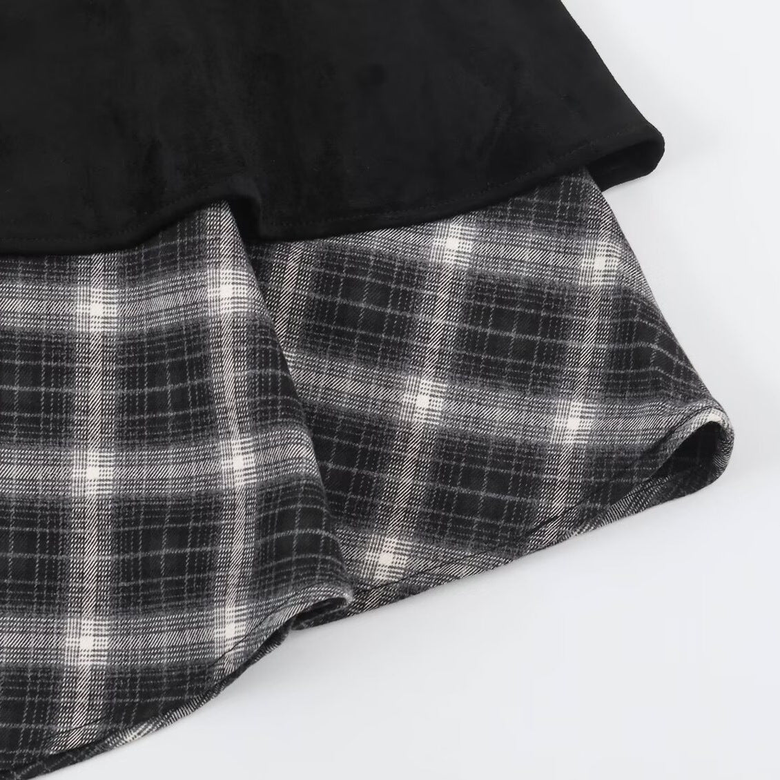 Women's asymmetrical layered skirt with faux leather overlay and checked chiffon ruffle Chichicherry